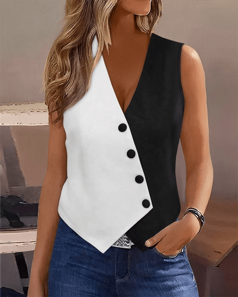 Women's Sleeveless V-Neck Buttoned Color-Block Satin Vest - Janes - by Peralane