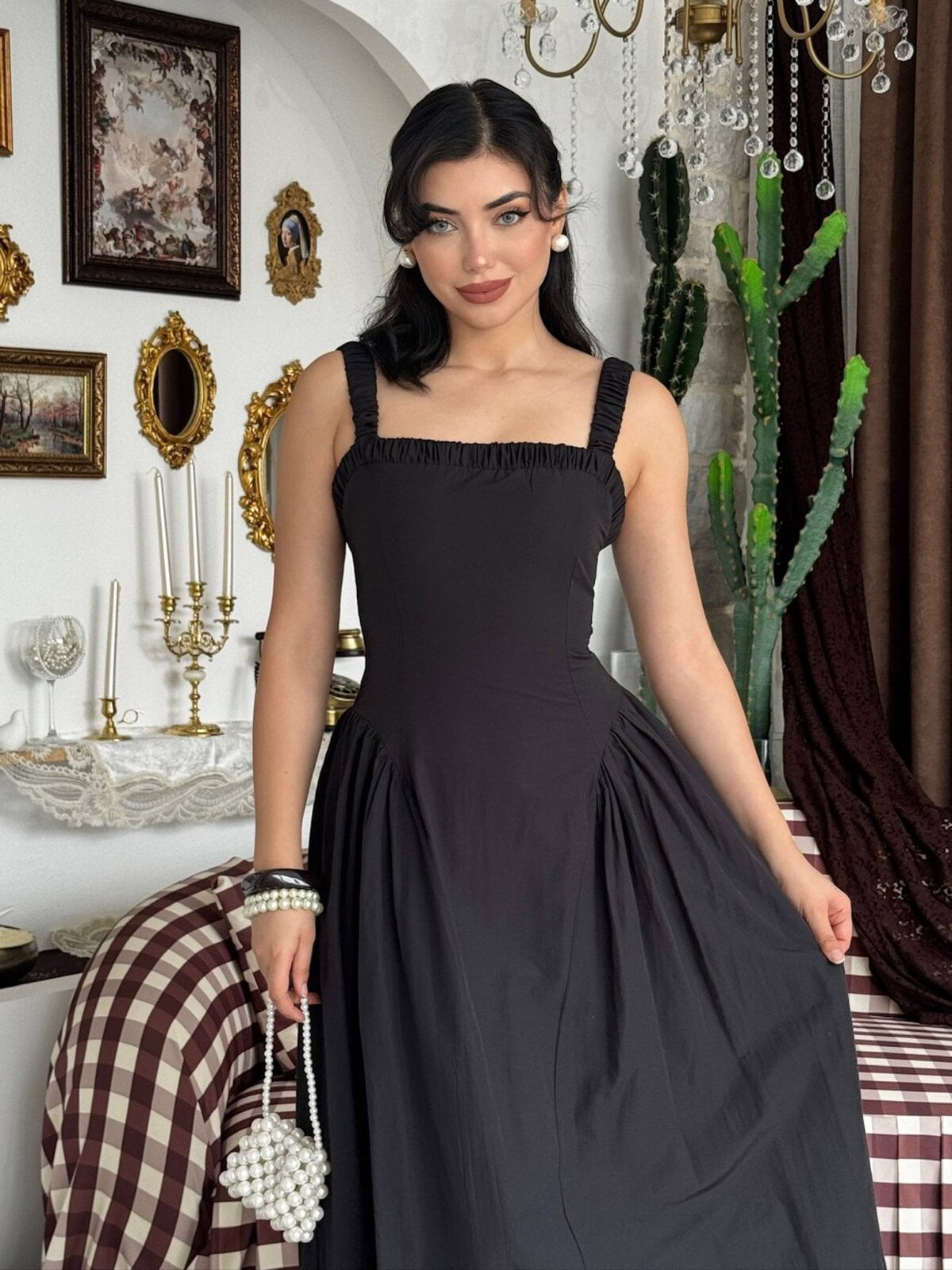 Black Sleeveless Midi Dress with Ruched Straps - Etika - by Peralane - photo 5