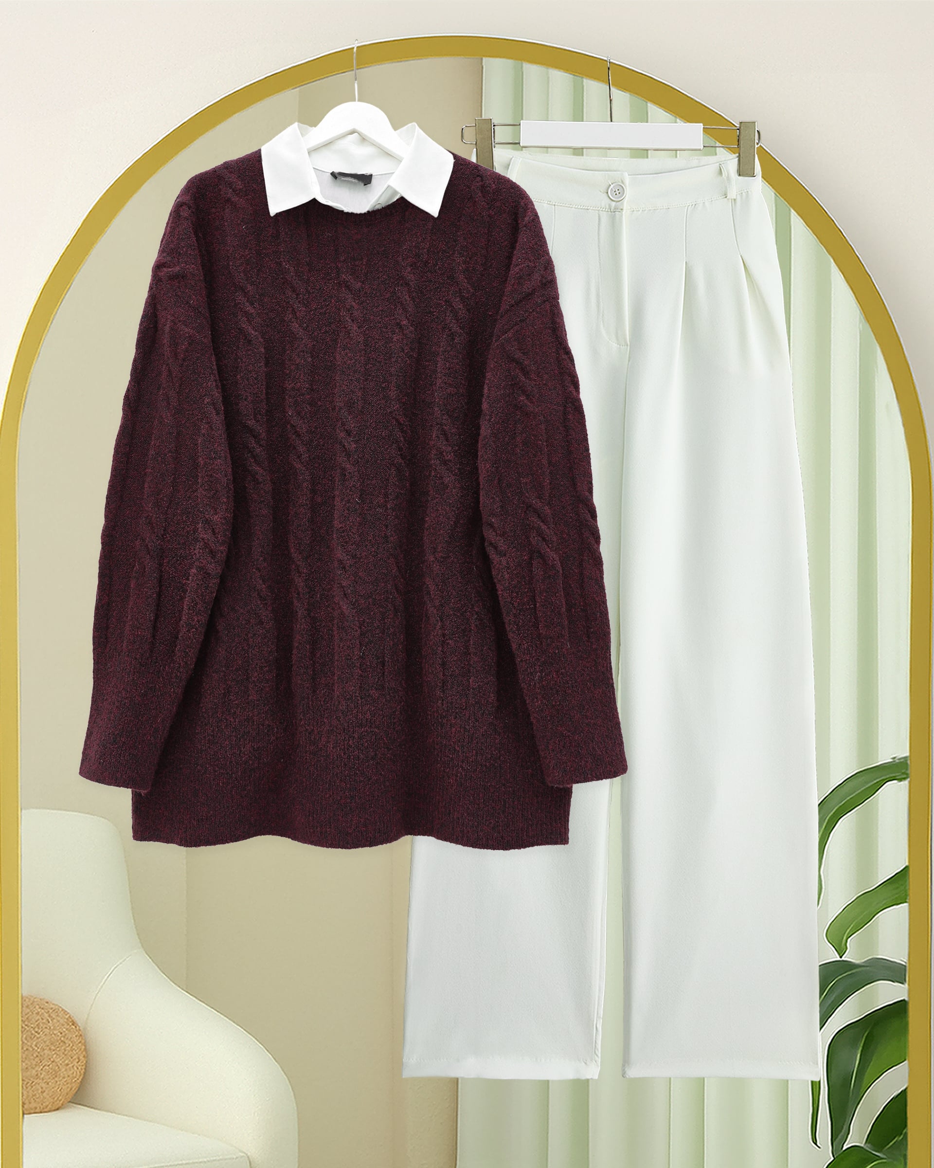 Burgundy Cable Knit Loungewear Set with White Collar - Women's Sweater and Wide-Leg Trousers - Podyumplus - by Peralane - photo 3
