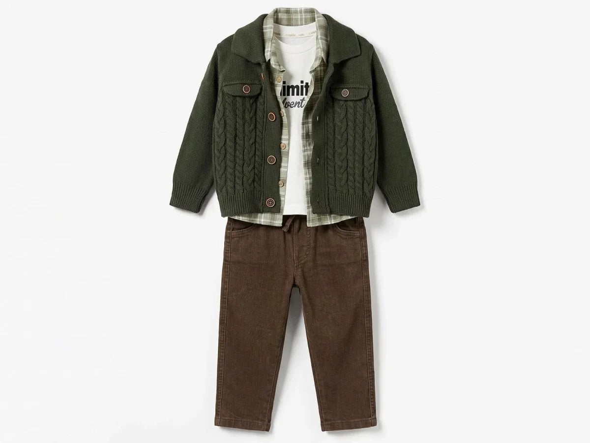 Knitted Cardigan, Plaid Shirt, T-shirt and Corduroy Trousers Boys' 4-Piece Set - Canoz - by Peralane