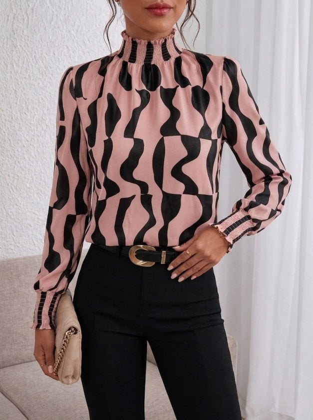 Women's Long-Sleeved Pink Abstract Print Smocked Neck Blouse - Janes - by Peralane - photo 4