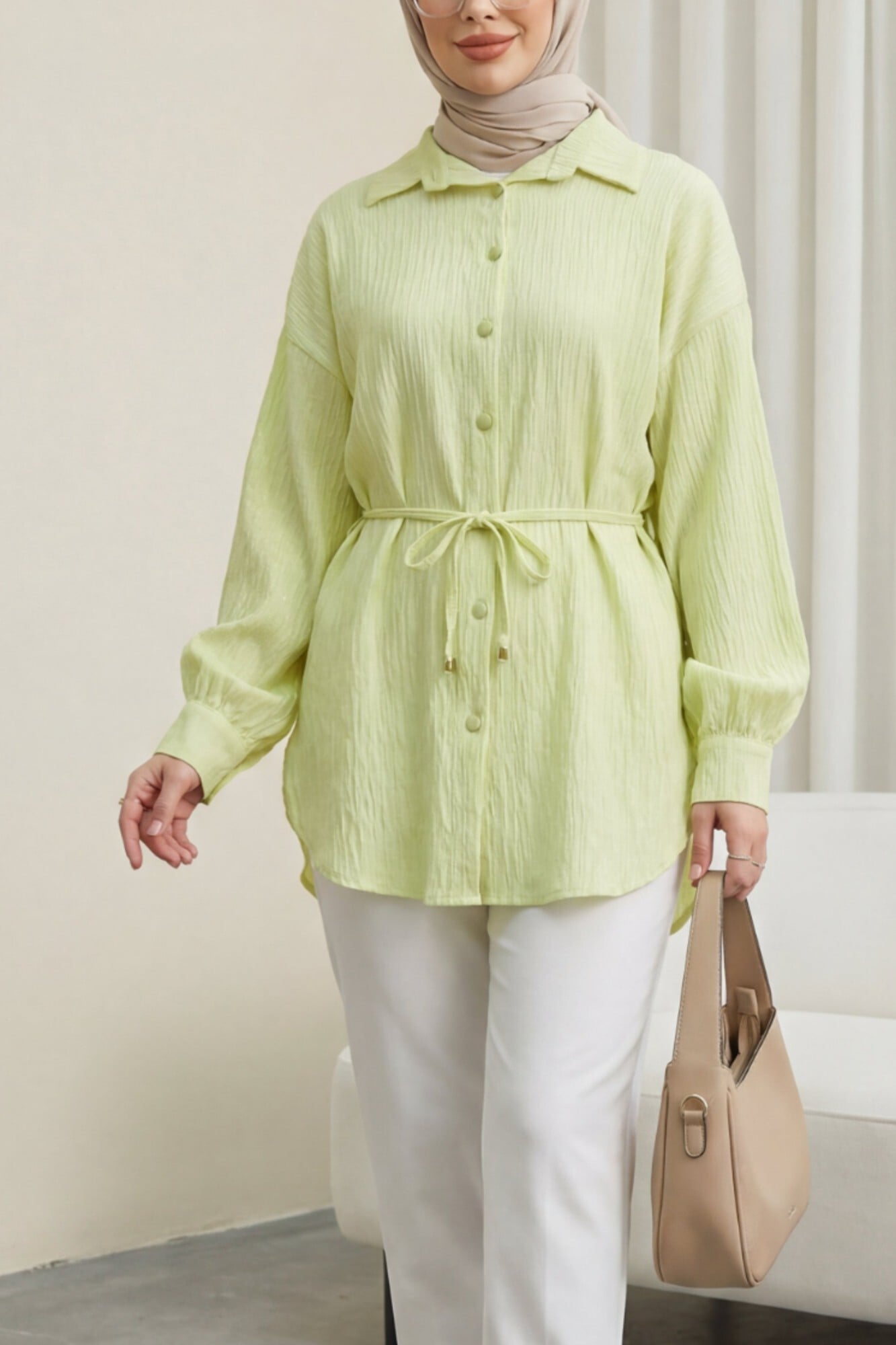Belted Sequin Detail Buttoned Blouse - Light Yellow - Podyumplus - by Peralane