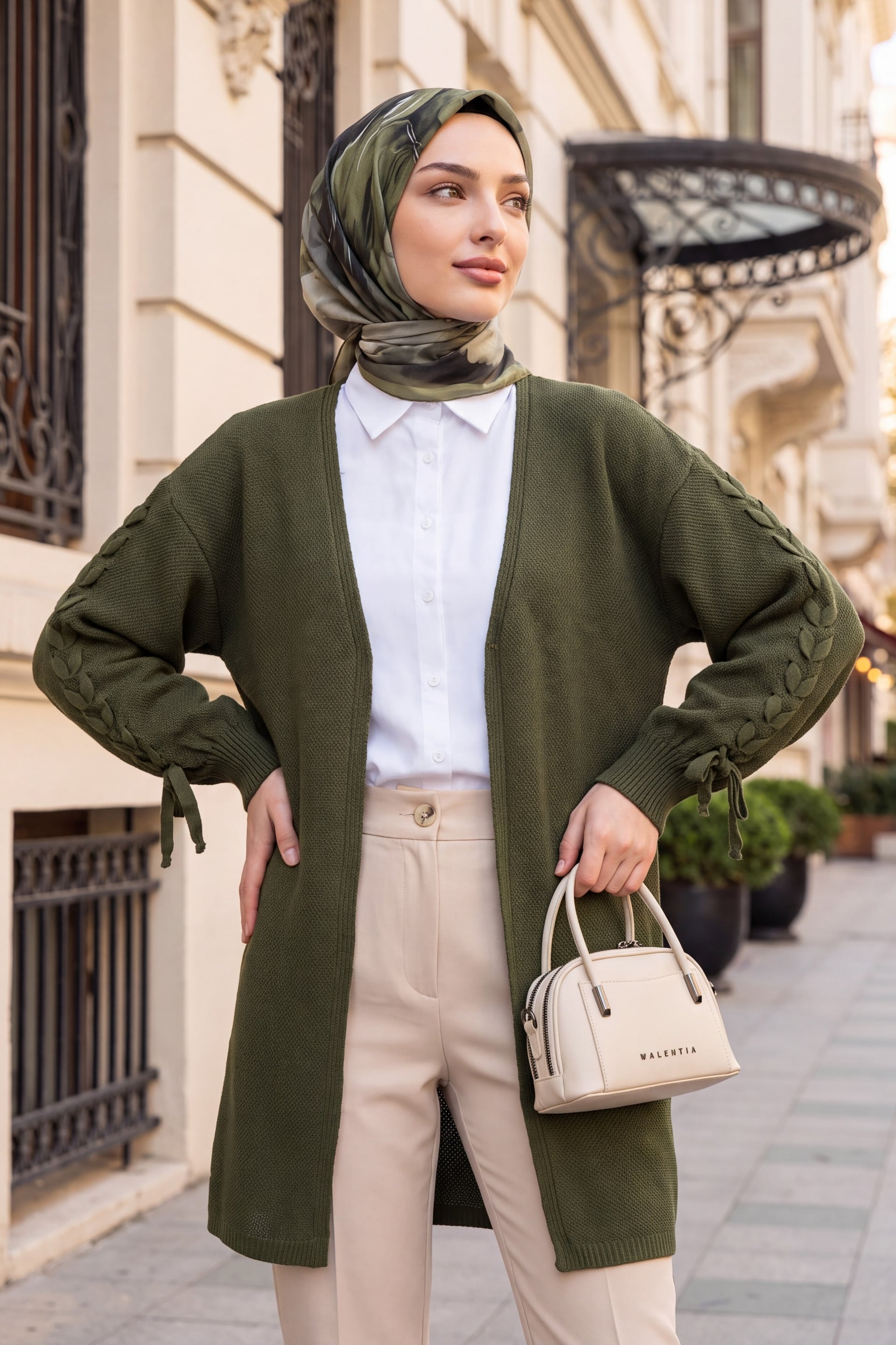 Braided Sleeve Relaxed Knit Cardigan - Olive - Podyumplus - by Peralane
