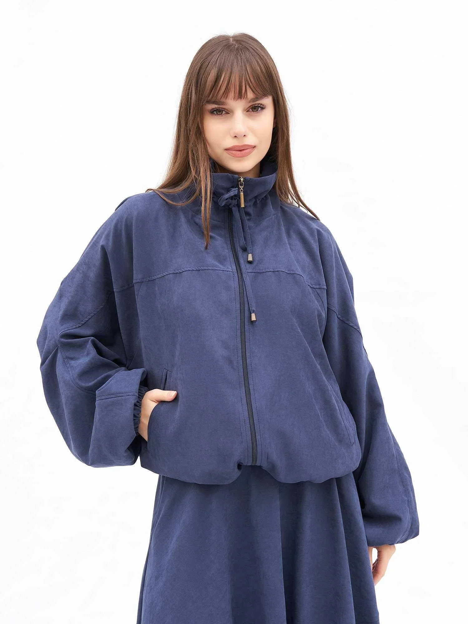 Navy Blue High Collar Modal Suede Bomber Jacket for Women - Lefon - by Peralane