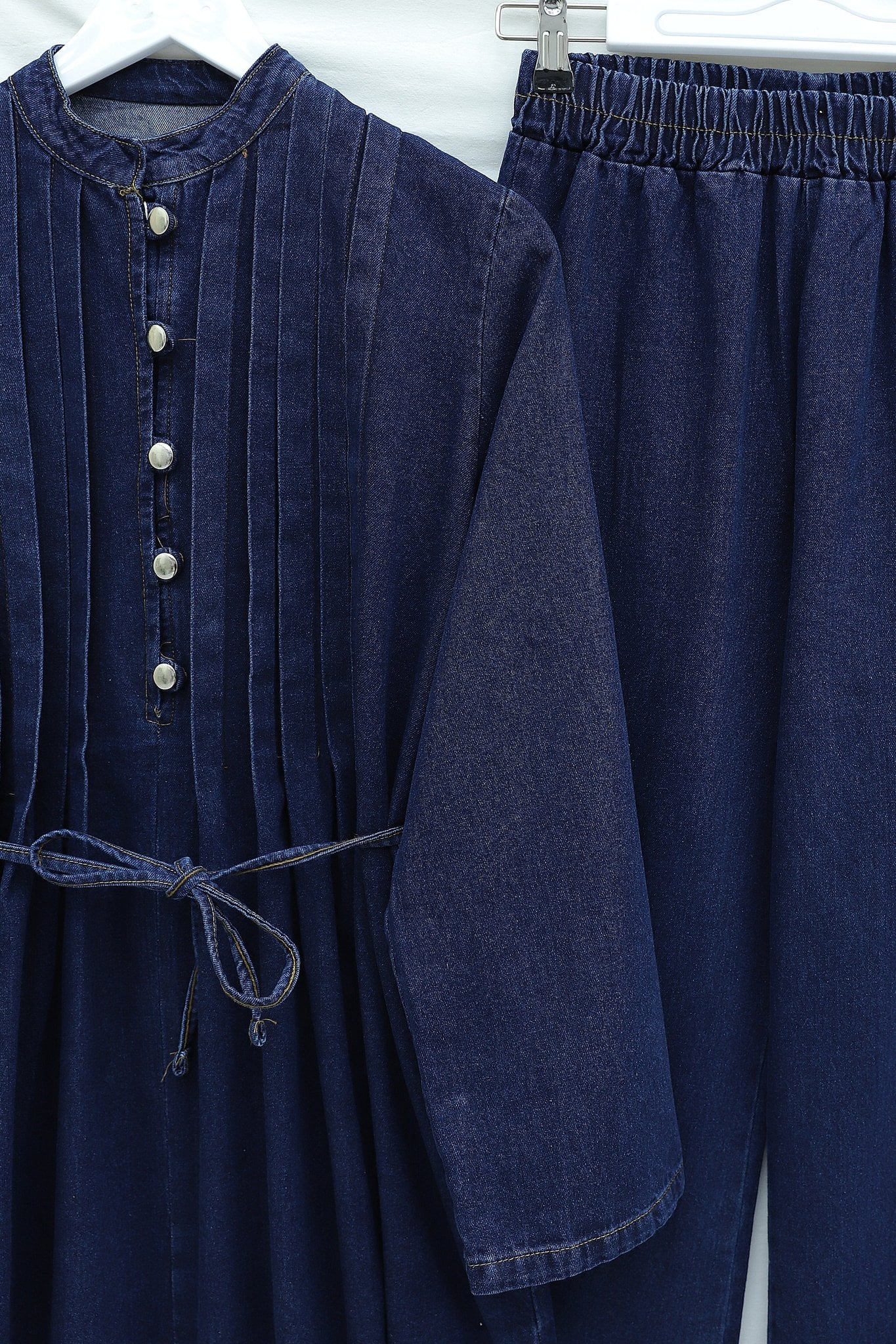 Half Button Front Pleated Tie Waist Denim Tunic and Trousers Set - Dark Blue - Podyumplus - by Peralane - photo 7
