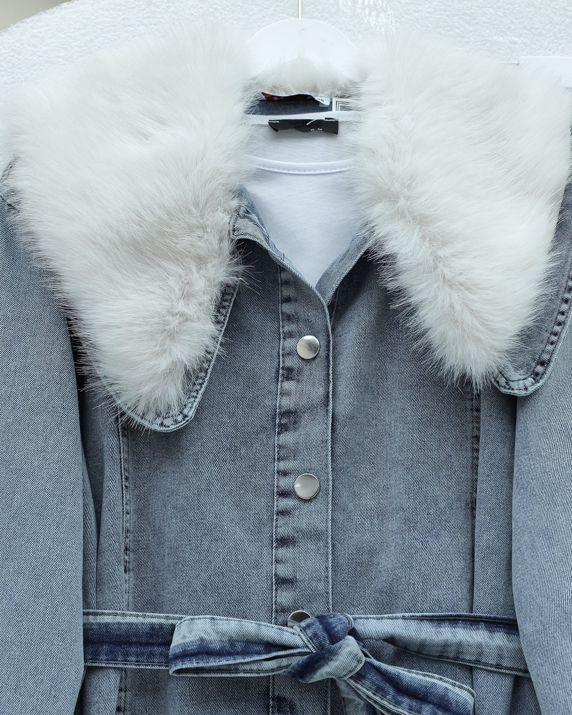 Women's Baby Collar Denim Suit with Faux Fur Collar and Cuffs, Belted Waist - Ice Blue - Podyumplus - by Peralane - photo 6
