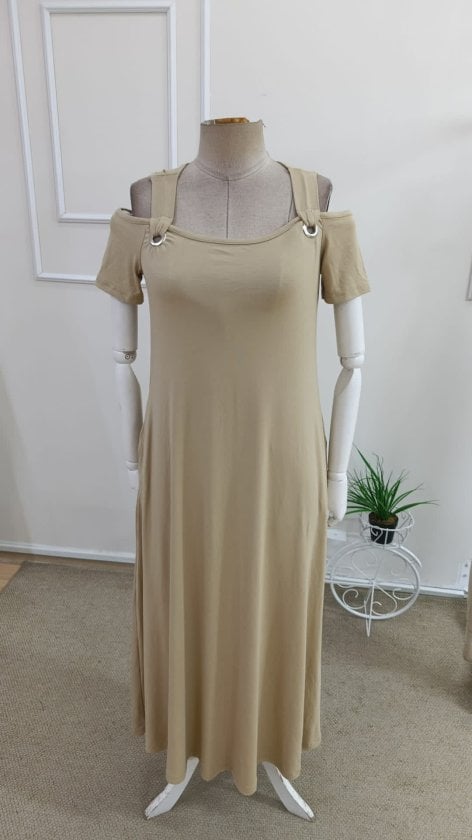 Women's Cold-Shoulder Round Neck Long Viscose Dress with Eyelet Detail - Janes - by Peralane - photo 2