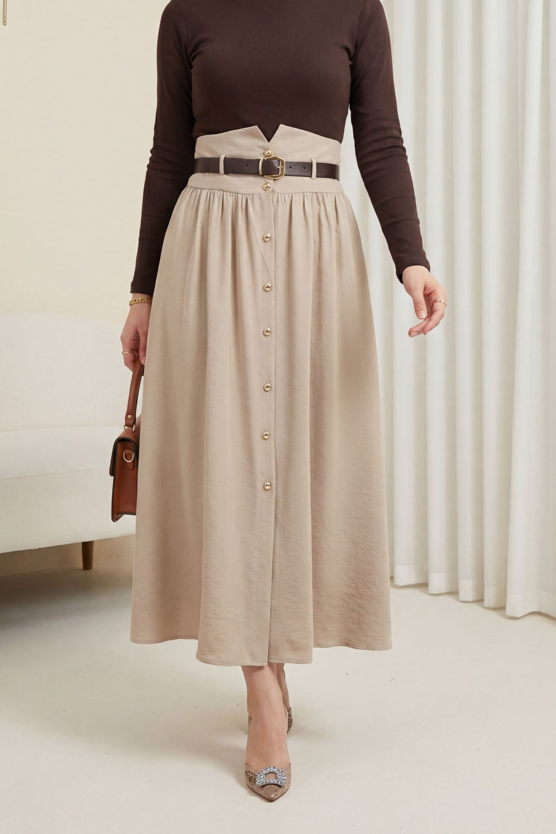 High-Waist Button-Front Modal Skirt with Belt - Stone - Podyumplus - by Peralane