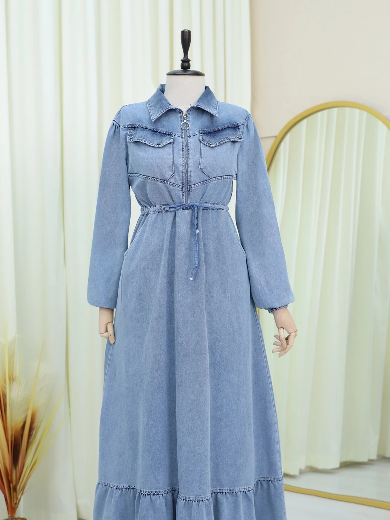 Half Zip Tunnel Lace Long Sleeve Denim Dress - Ice Blue - Podyumplus - by Peralane - photo 7