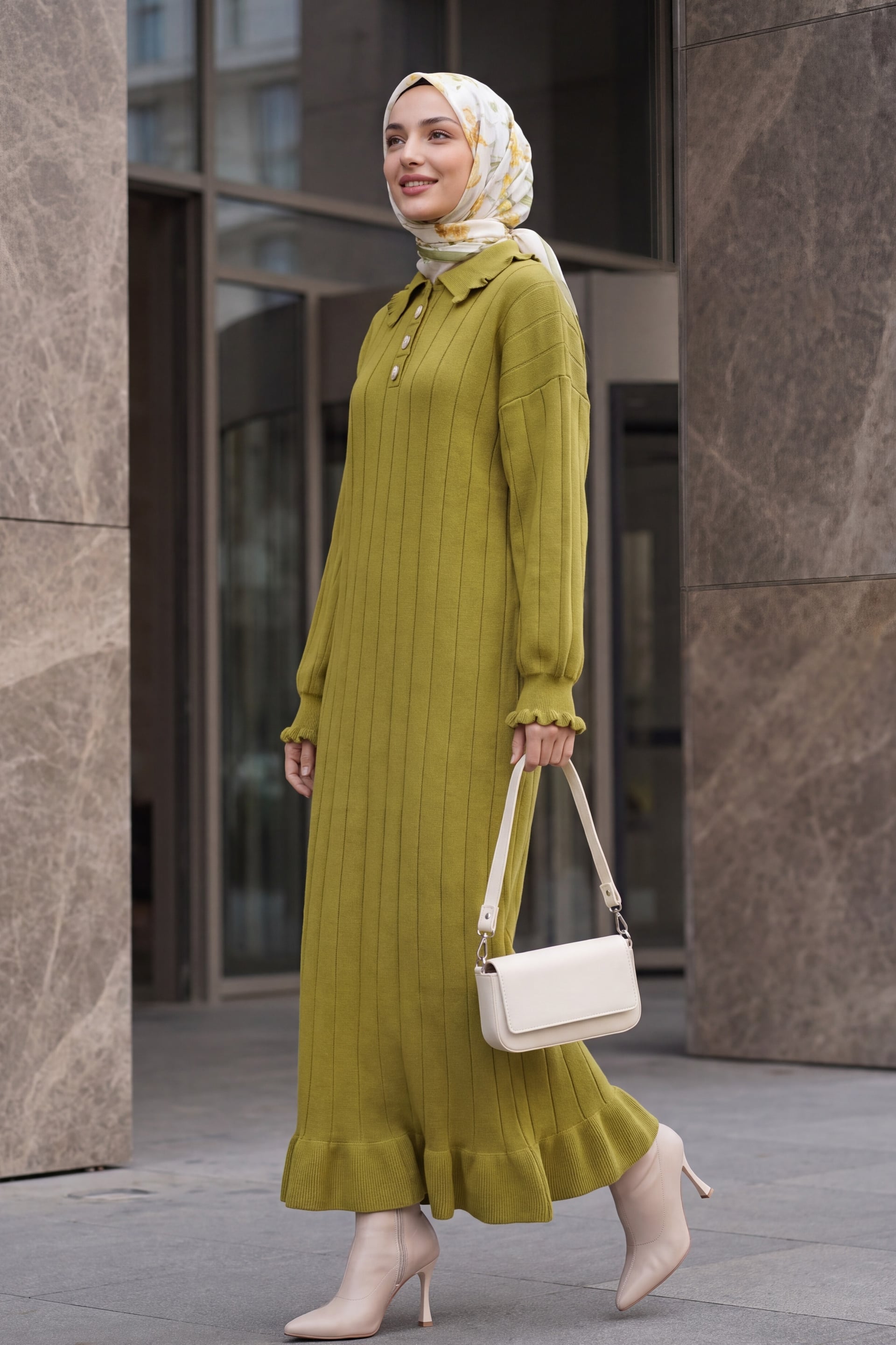 Ruffled Collar and Hem Button Detail Ribbed Knit Dress - Olive Green - Podyumplus - by Peralane - photo 2