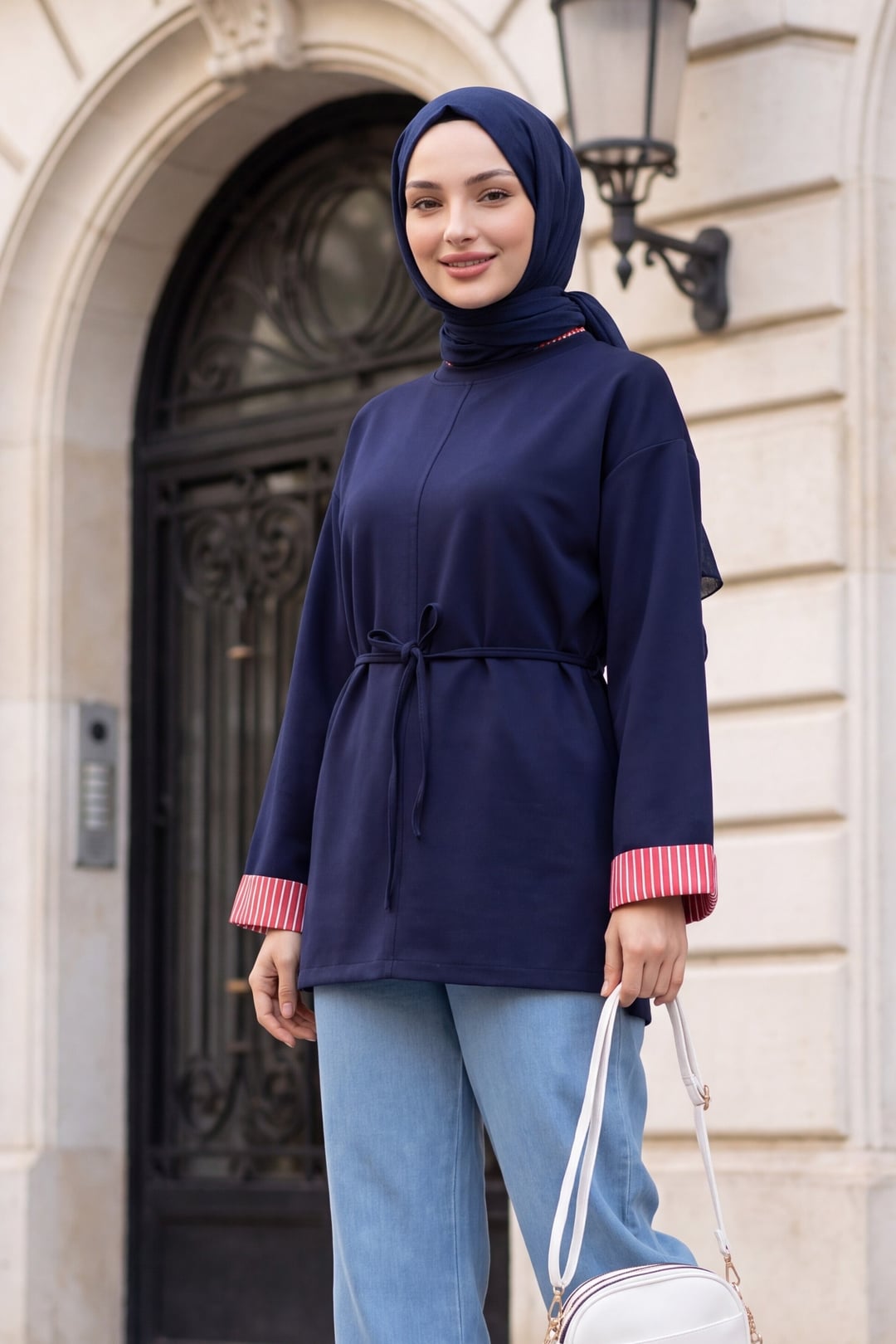 Navy Blue Drawstring Waist Tunic with Striped Cuffs - Podyumplus - by Peralane - photo 2