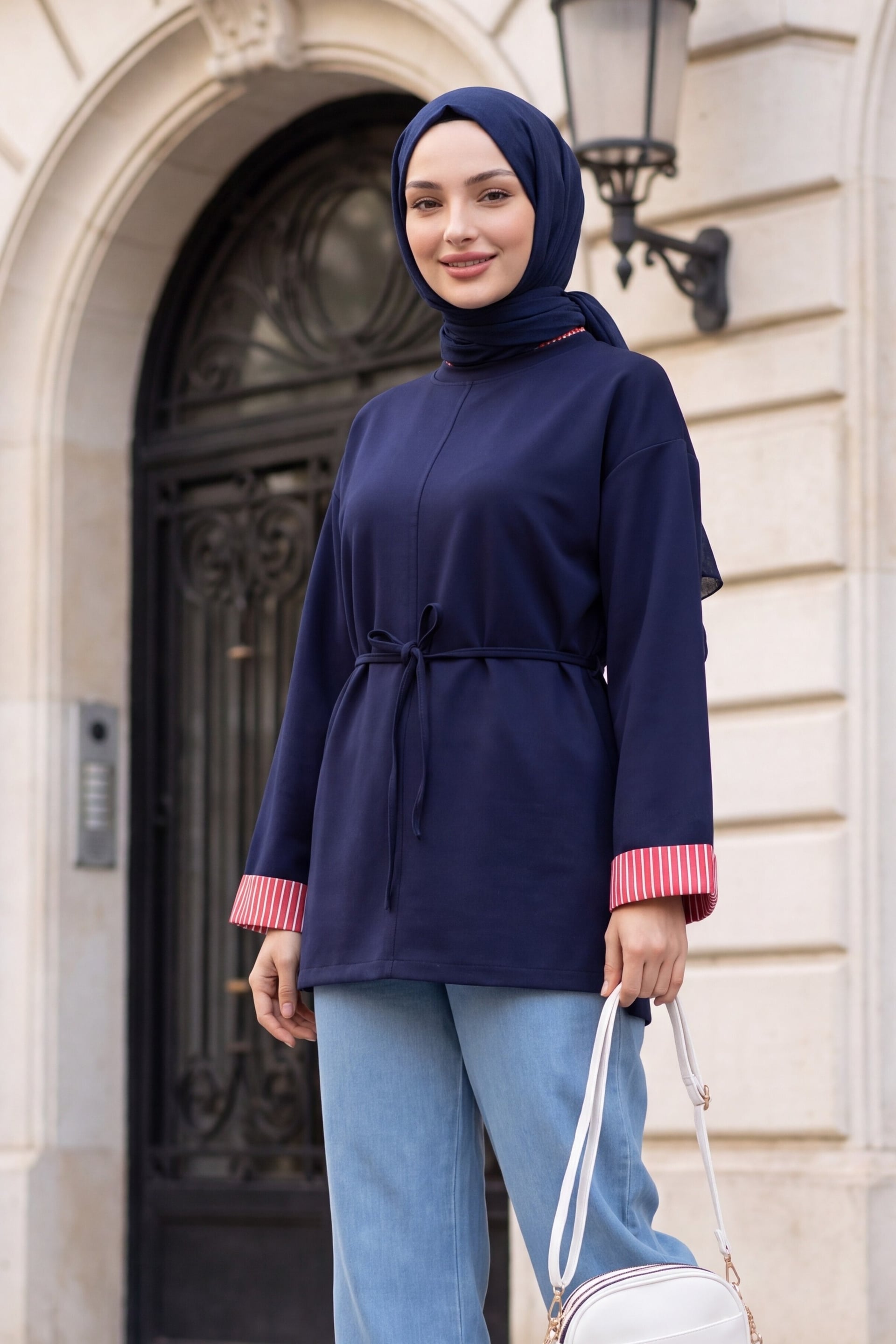 Navy Blue Drawstring Waist Tunic with Striped Cuffs - Podyumplus - by Peralane - photo 2