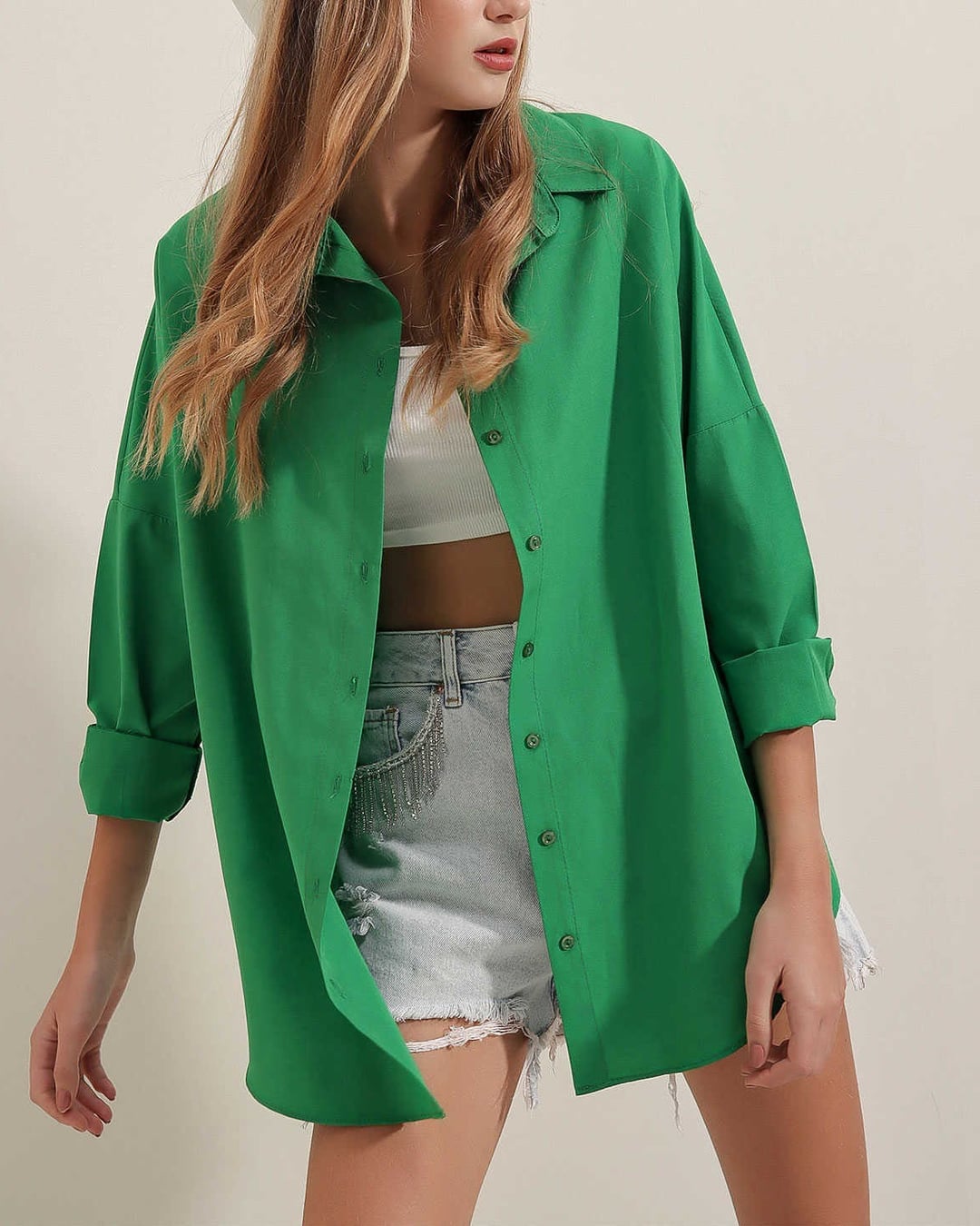 Oversize Long Basic Shirt - Green - Bigdart - by Peralane - photo 6