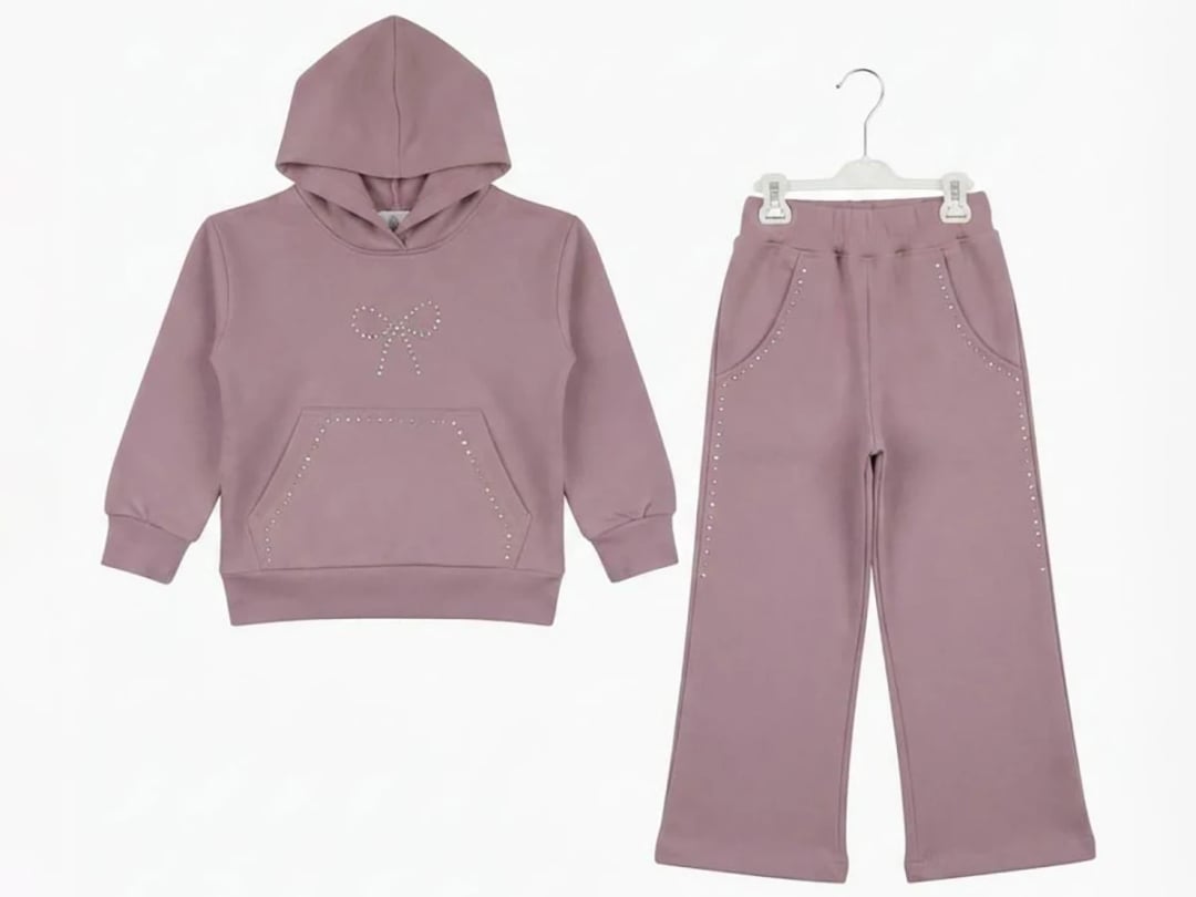 Girl's Hooded Sweatshirt and Trousers Set with Bow Detail - Dusty Pink - Pack of 4 - CMK - by Peralane