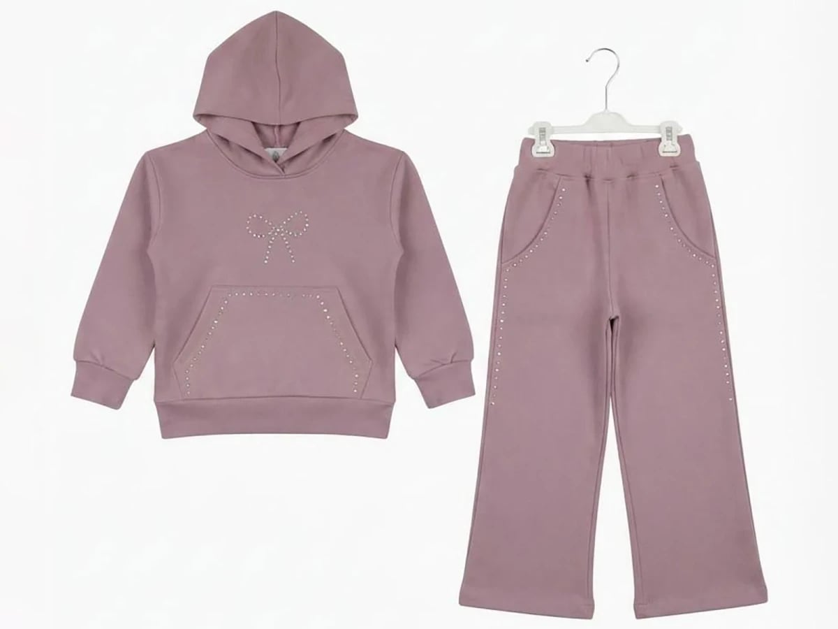 Girl's Hooded Sweatshirt and Trousers Set with Bow Detail - Dusty Pink - Pack of 4 - CMK - by Peralane