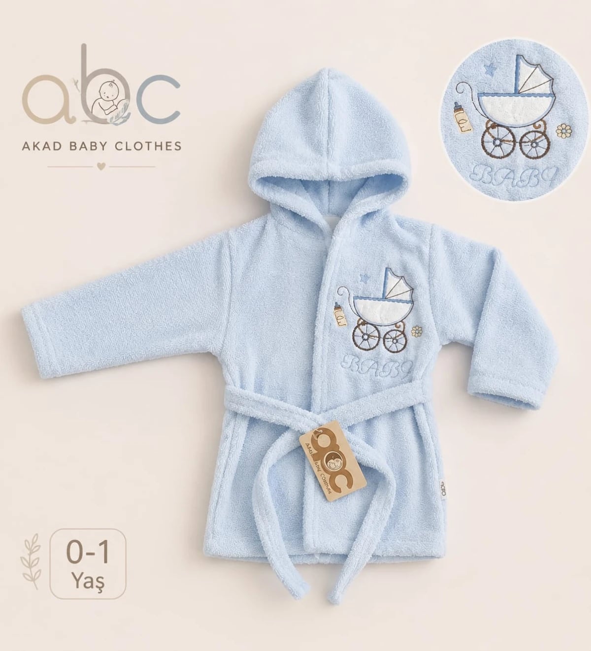 Baby Bathrobe with Embroidered Baby Motifs – Light Blue (Pack of 4) - Has Bereket - by Peralane