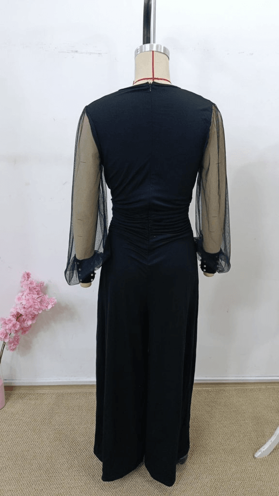 Women's Long-Sleeved Wrap Jumpsuit with Sheer Sleeves, Black Viscose - Janes - by Peralane - photo 6