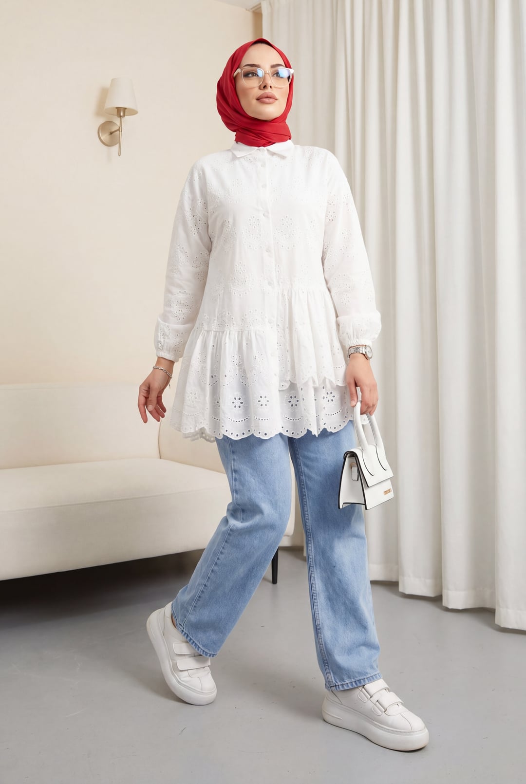 White Long-Sleeved Collared Blouse with Eyelet Embroidery and Ruffled Hem - Podyumplus - by Peralane