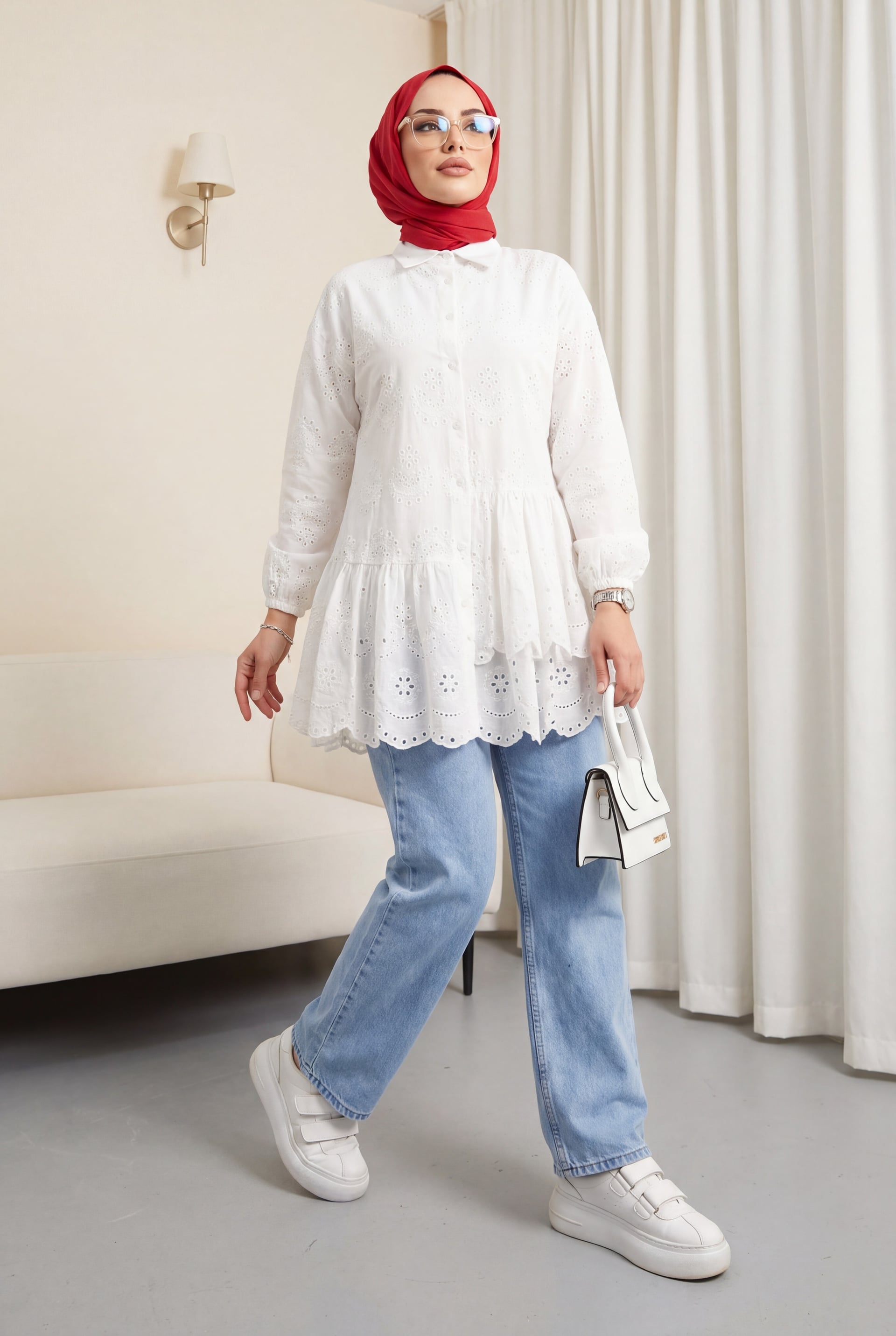 White Long-Sleeved Collared Blouse with Eyelet Embroidery and Ruffled Hem - Podyumplus - by Peralane