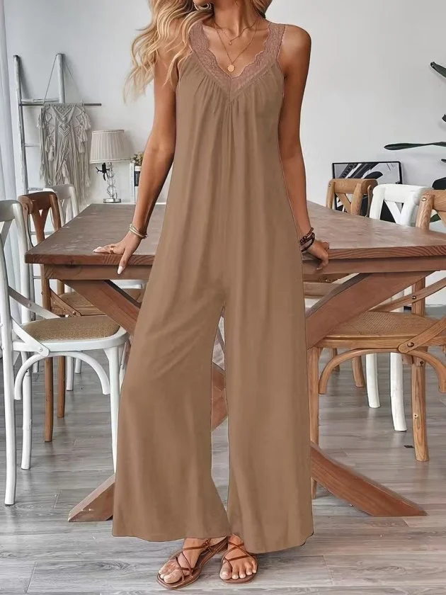 Women's Solid Brown Wide-Leg Viscose Jumpsuit with V-Neck Lace Trim - Janes - by Peralane - photo 4