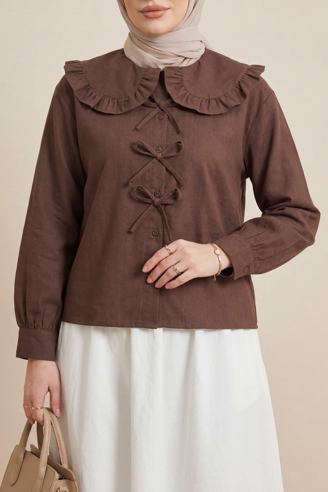 Brown Peter Pan Collar Ribbon Tie Blouse - Podyumplus - by Peralane - photo 2
