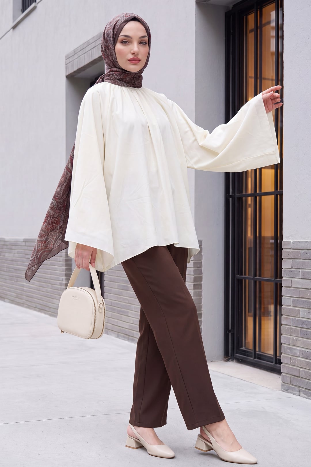 Cream Lined Voile Blouse with Gathered Neckline and Spanish Sleeves - Podyumplus - by Peralane - photo 3