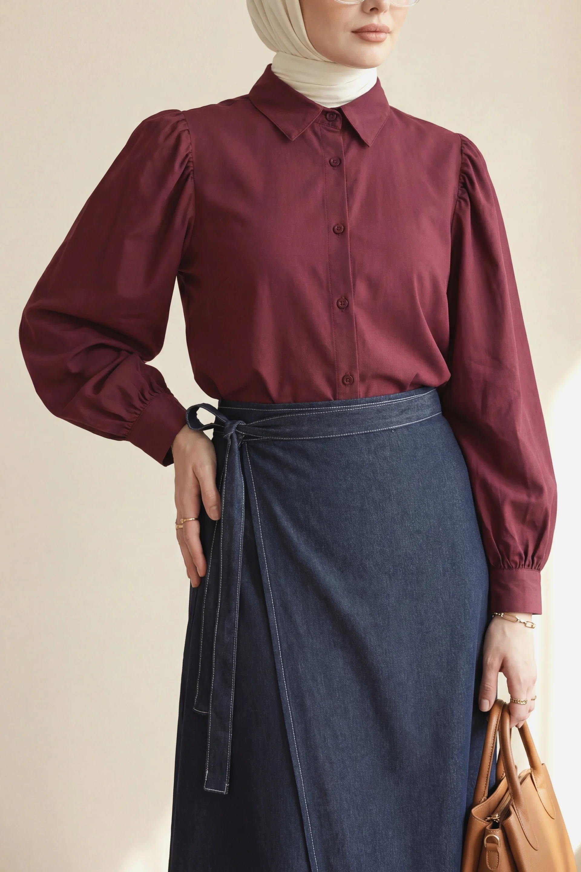 Burgundy Balloon Sleeve Buttoned Short Poplin Shirt - Podyumplus - by Peralane - photo 2