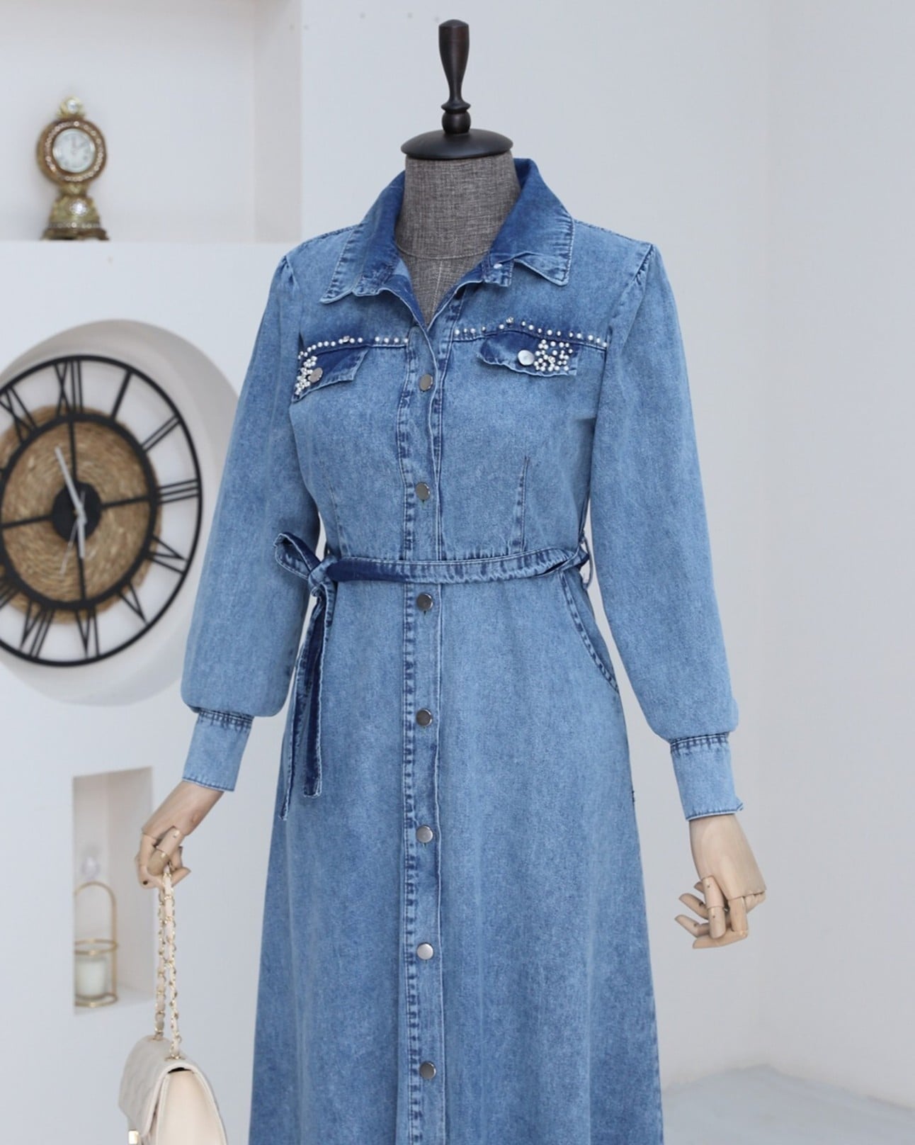 Stone Detailed Full-Length Button Denim Dress - Indigo - Podyumplus - by Peralane - photo 8