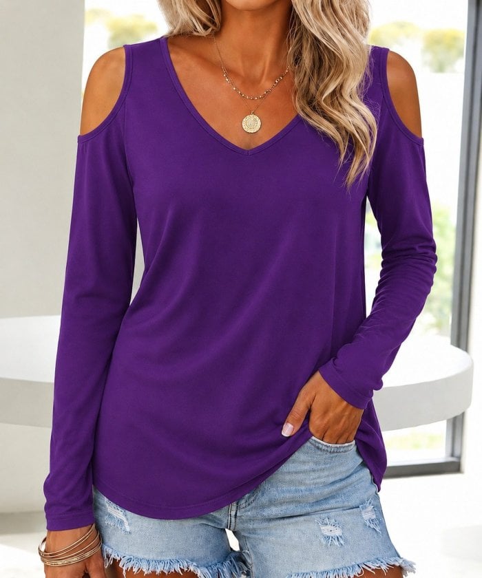 Women's Long-Sleeved Cold-Shoulder V-Neck Viscose Blouse - Purple - Janes - by Peralane