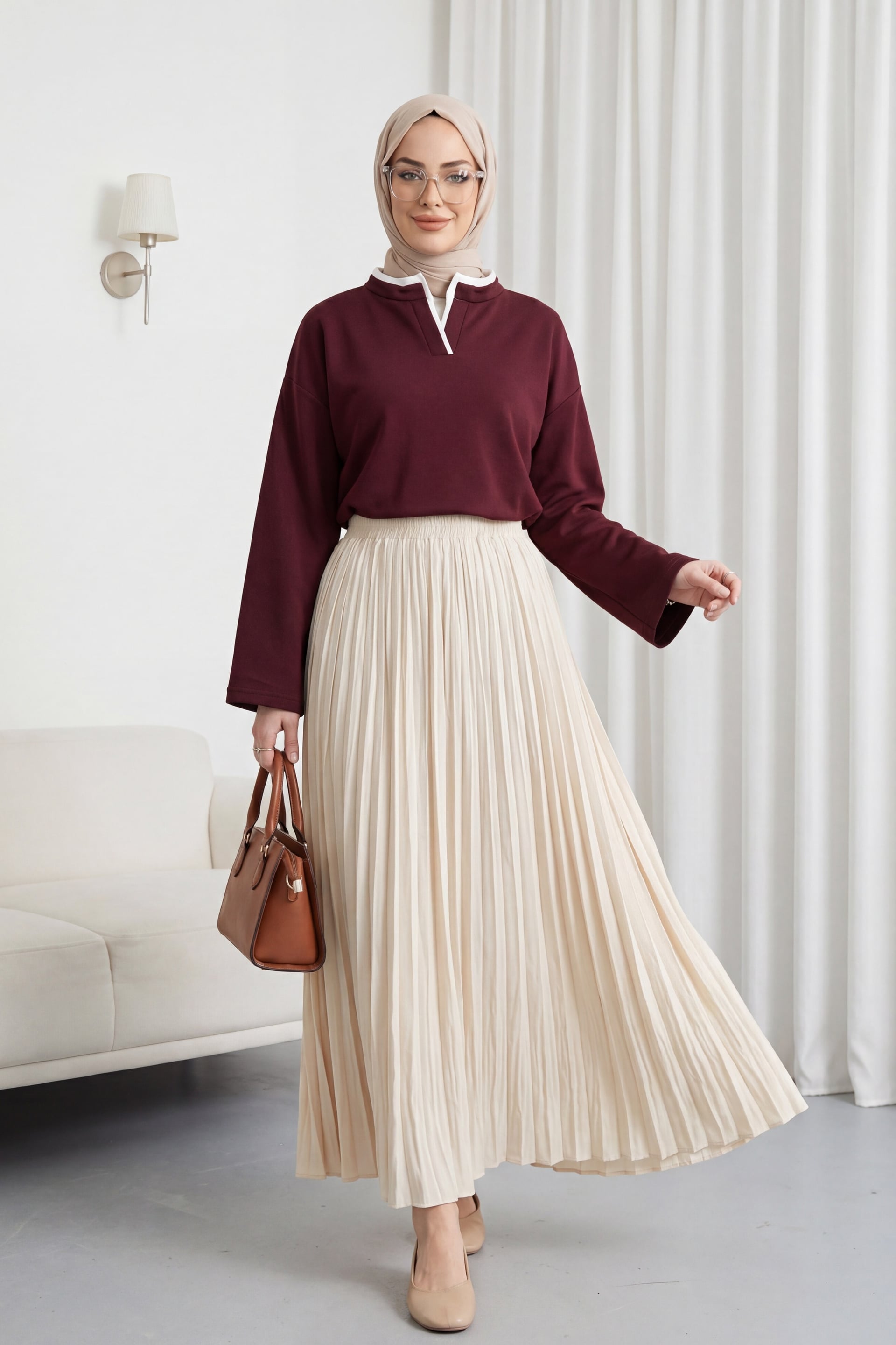 V-Neck Double Layer 2-Thread Knit Blouse - Burgundy - Podyumplus - by Peralane - photo 3