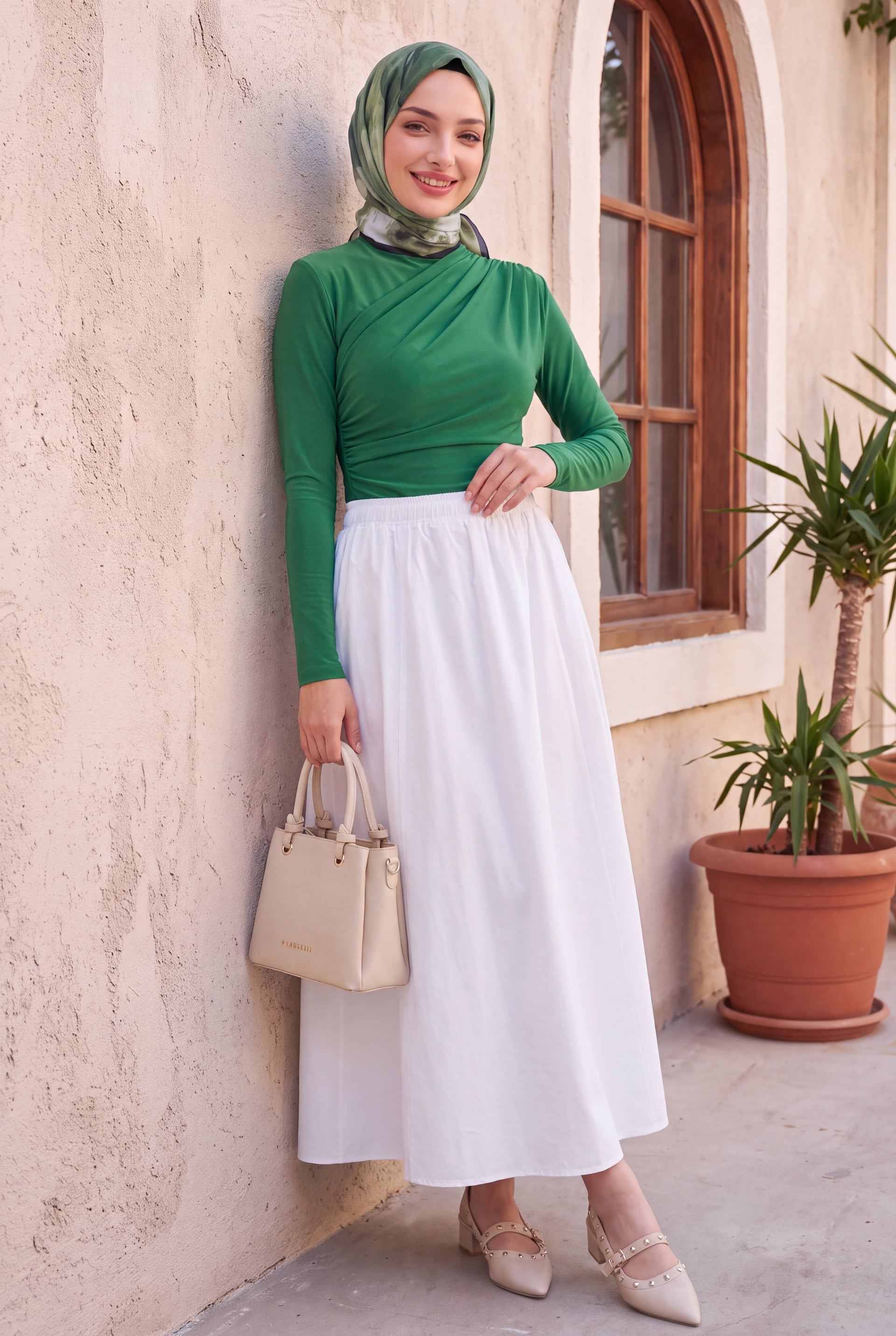 Half Turtleneck Ruched Sandy Blouse - Green - Podyumplus - by Peralane