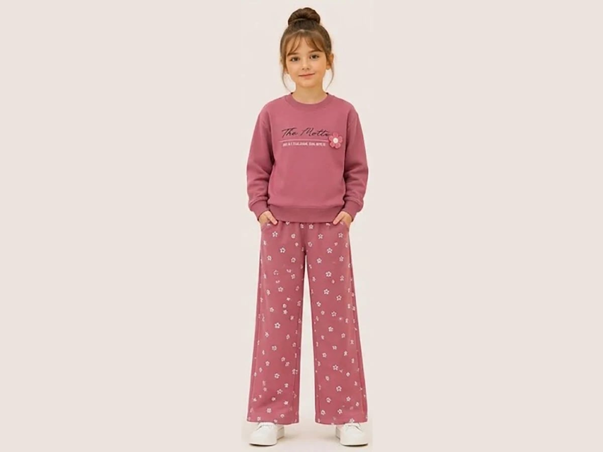 Girls' Floral Knit Sweatshirt and Wide-Leg Pants Set - Dusty Rose - Bittos Kids - by Peralane