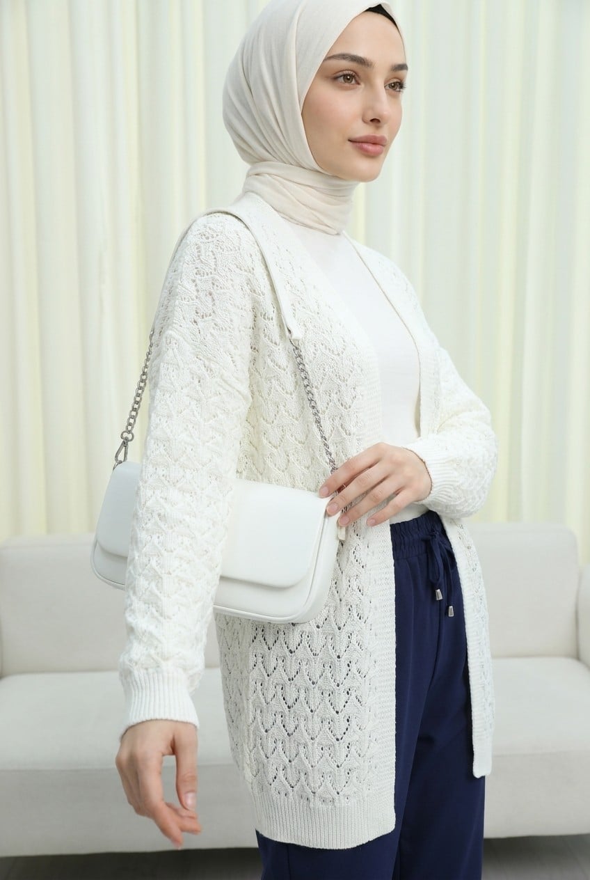 Ecru Ajour Patterned Relaxed Knit Cardigan - Podyumplus - by Peralane - photo 4
