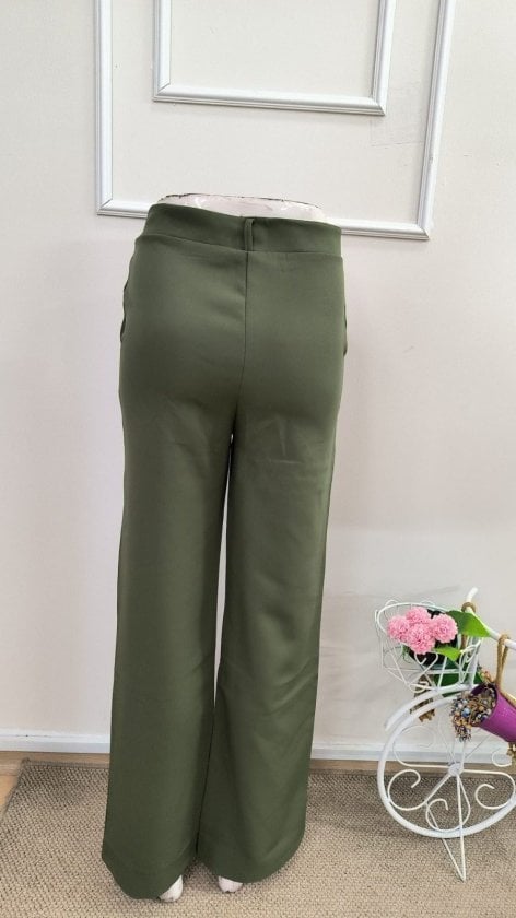 Women's High Waist Beltless Satin Trousers in Olive Green - Janes - by Peralane - photo 6