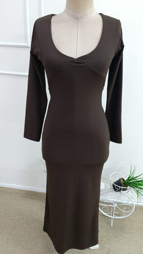 Women's Long Sleeve Deep Neckline Tie Waist Long Dress - Janes - by Peralane - photo 5