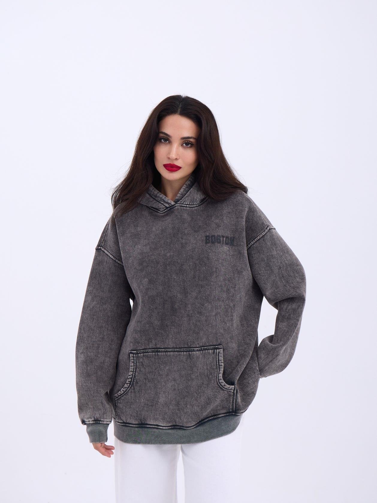 Grey Acid-Wash Hoodie with Pouch Pocket for Women - Fame - by Peralane