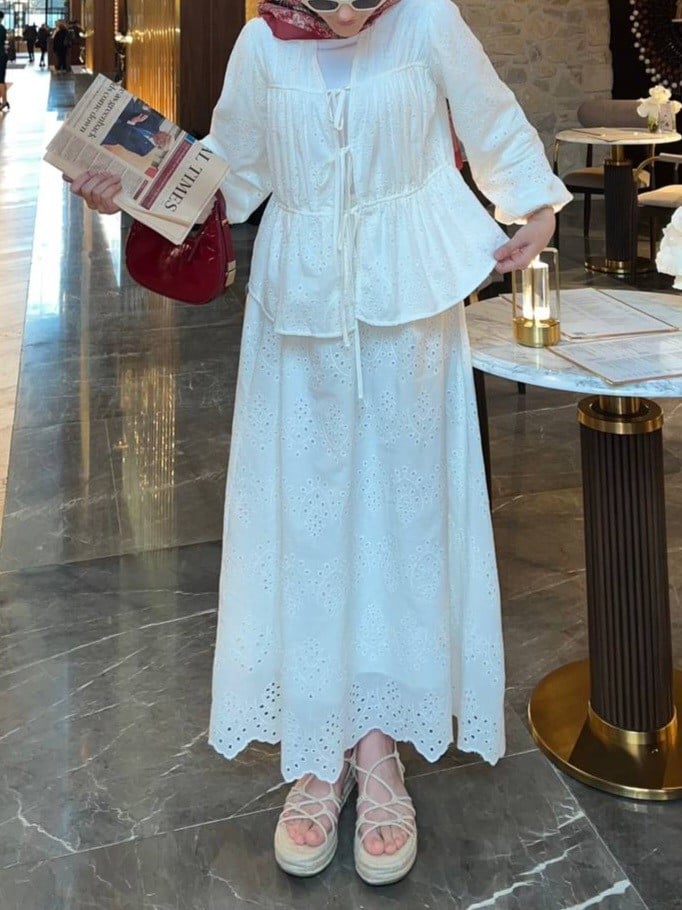 White Lined Kimono Set with Tie Front - Podyumplus - by Peralane - photo 4