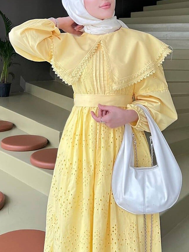 Cape Collar Lace Detail Dress - Yellow - Podyumplus - by Peralane - photo 9