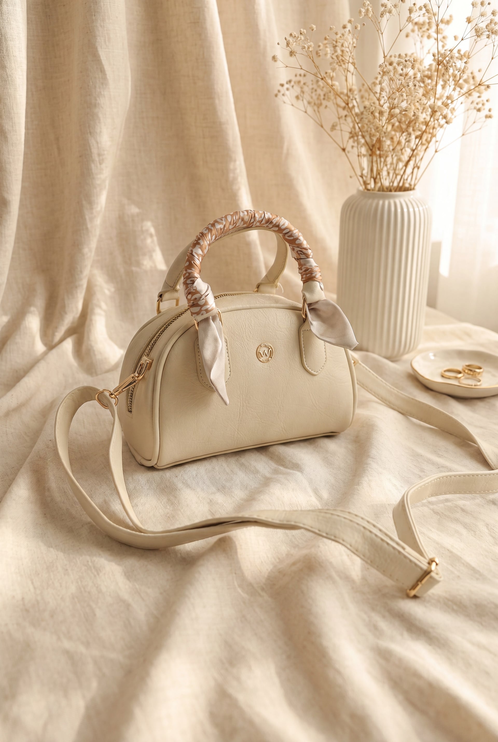 Cream Scarf-Detail Zippered Long-Strap Women's Bag - Podyumplus - by Peralane