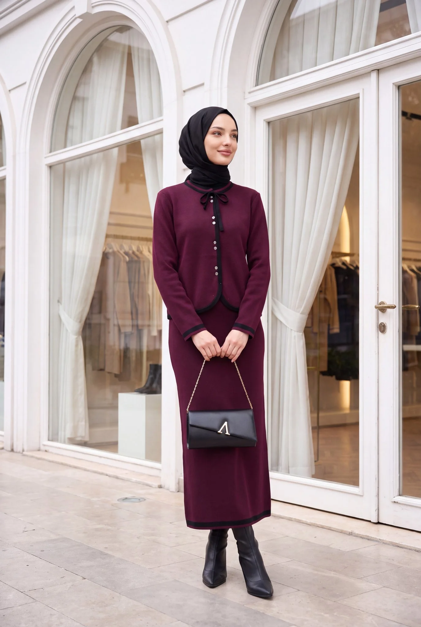 Lace-Up Trim Button Skirt Knit Co-ord Set - Deep Plum - Podyumplus - by Peralane - photo 2