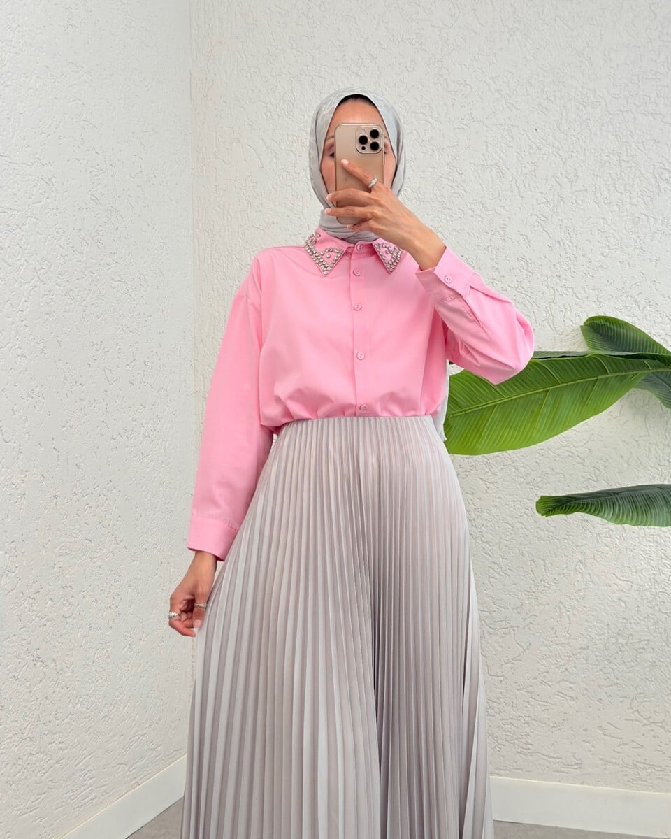 Stone Detailed Buttoned Loose Fit Blouse - Pink - Podyumplus - by Peralane - photo 6