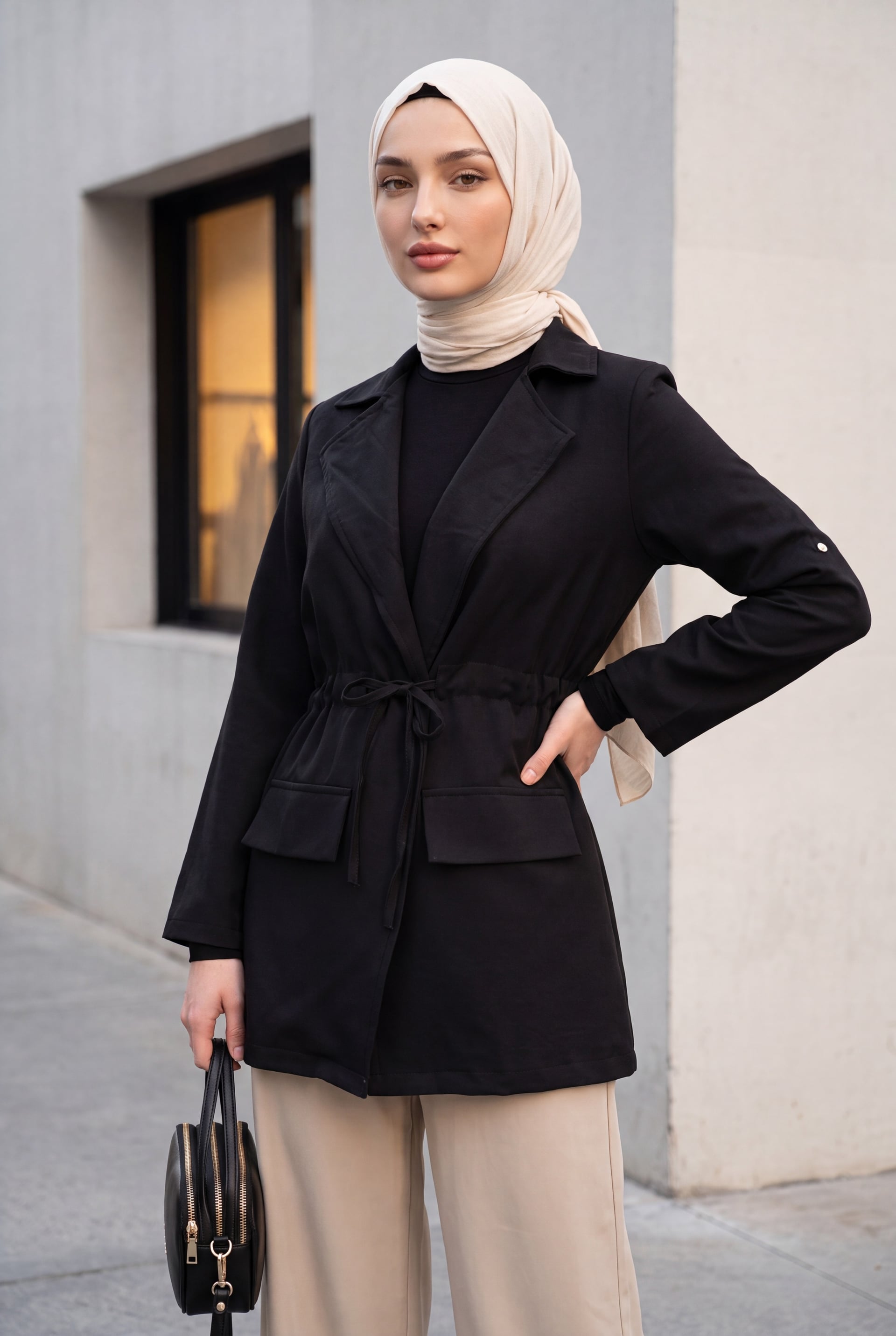 Tunnel Drawstring Pocket Detail Linen-Look Kimono - Black - Podyumplus - by Peralane