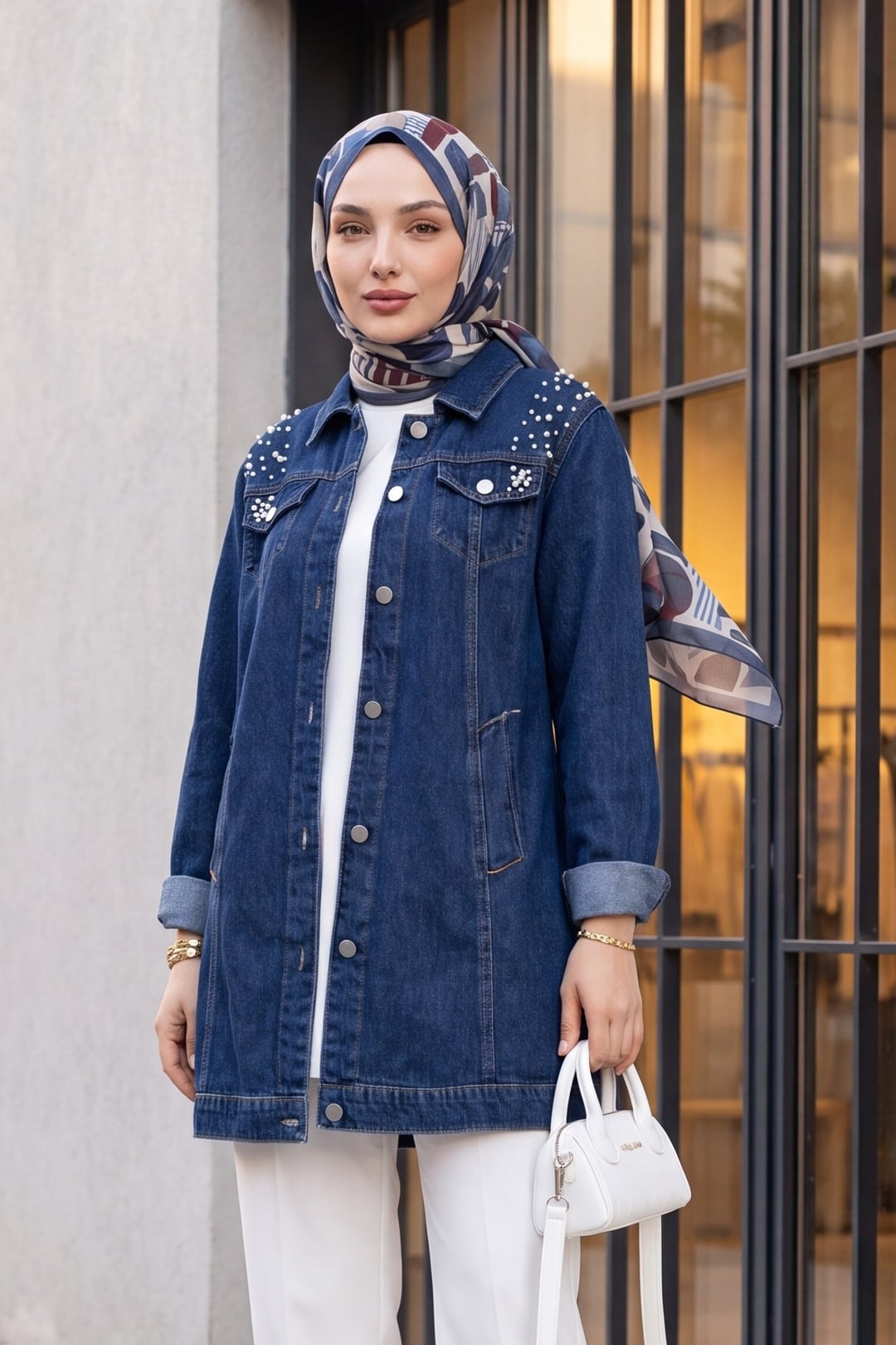 Stone Embellished Washed Denim Jacket - Dark Blue - Podyumplus - by Peralane - photo 6
