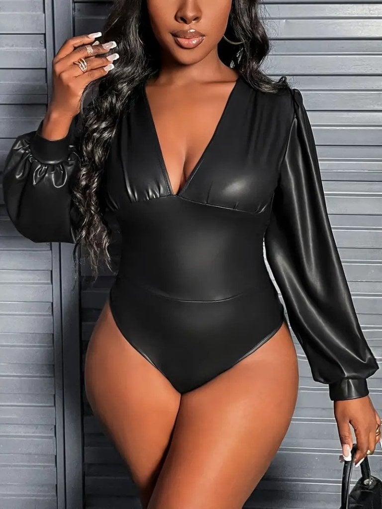 Women's Long-Sleeved Deep V-Neck Faux Leather Bodysuit - Janes - by Peralane - photo 6