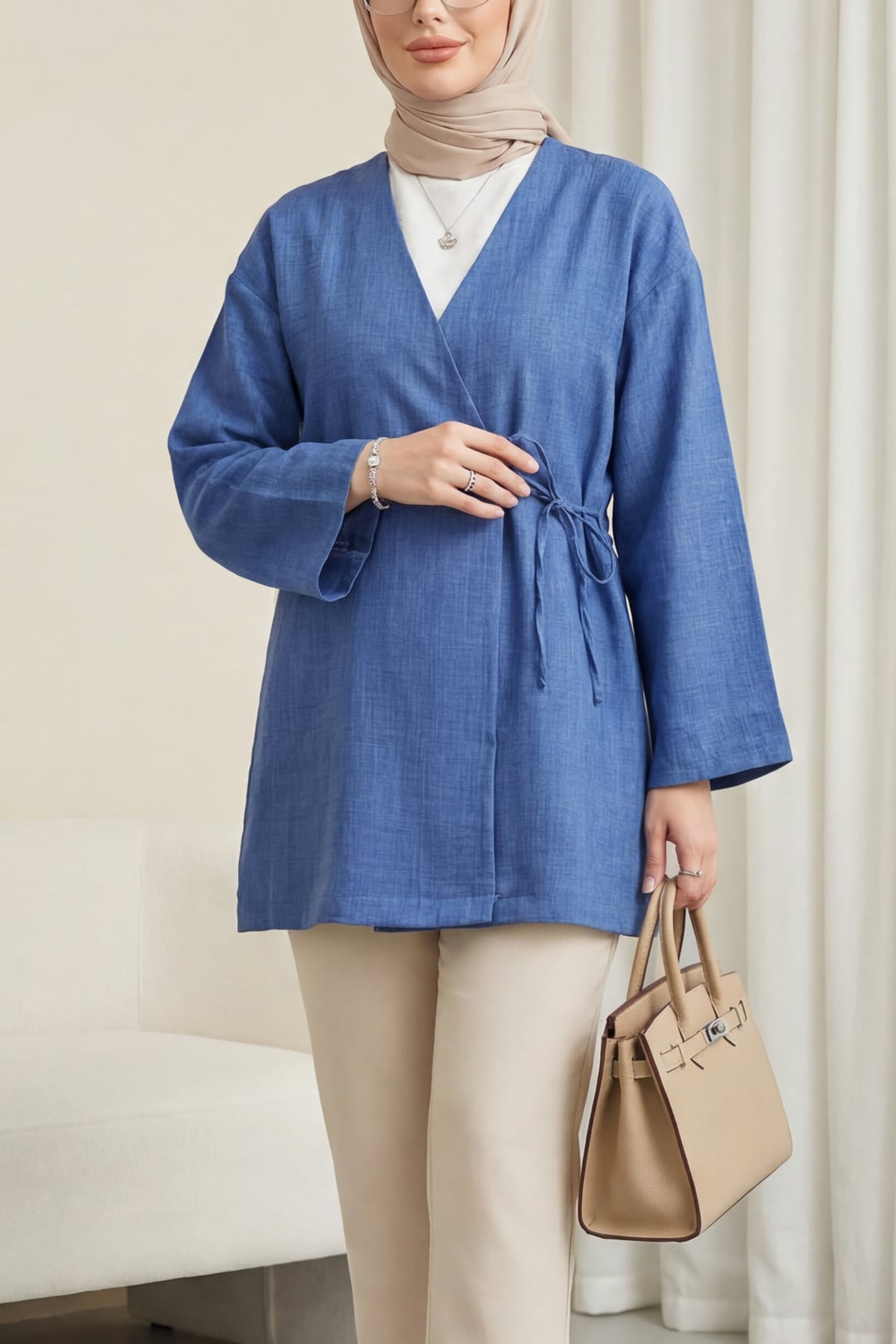 Side-Tie Linen-Look Kimono - Indigo - Podyumplus - by Peralane