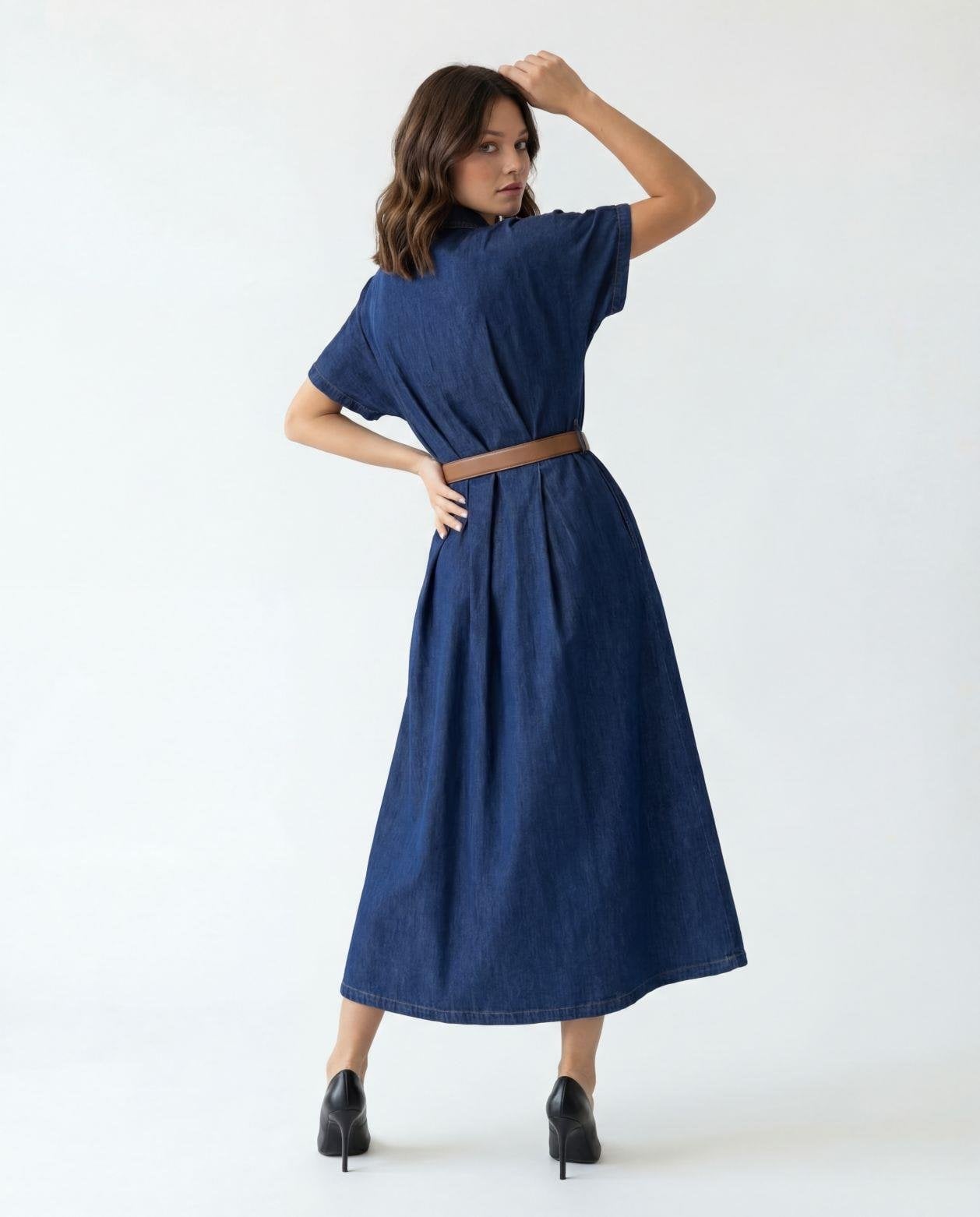 Women's Denim Midi Dress - Dark Blue - Fame - by Peralane - photo 3