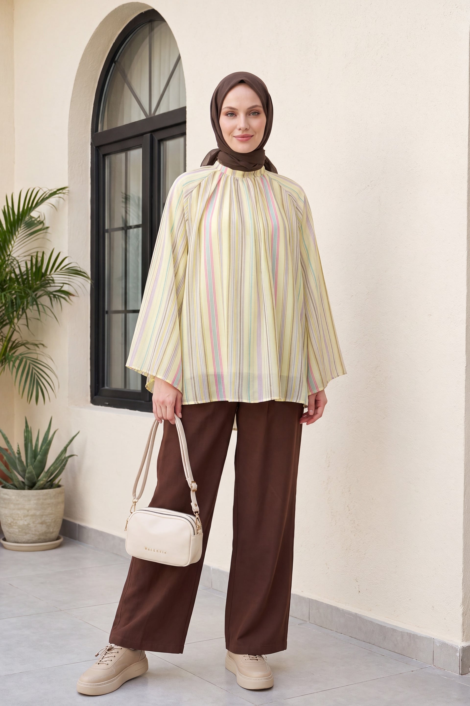 Mandarin Collar Striped Lined Oversize Thin Voile Tunic - Yellow - Podyumplus - by Peralane - photo 3
