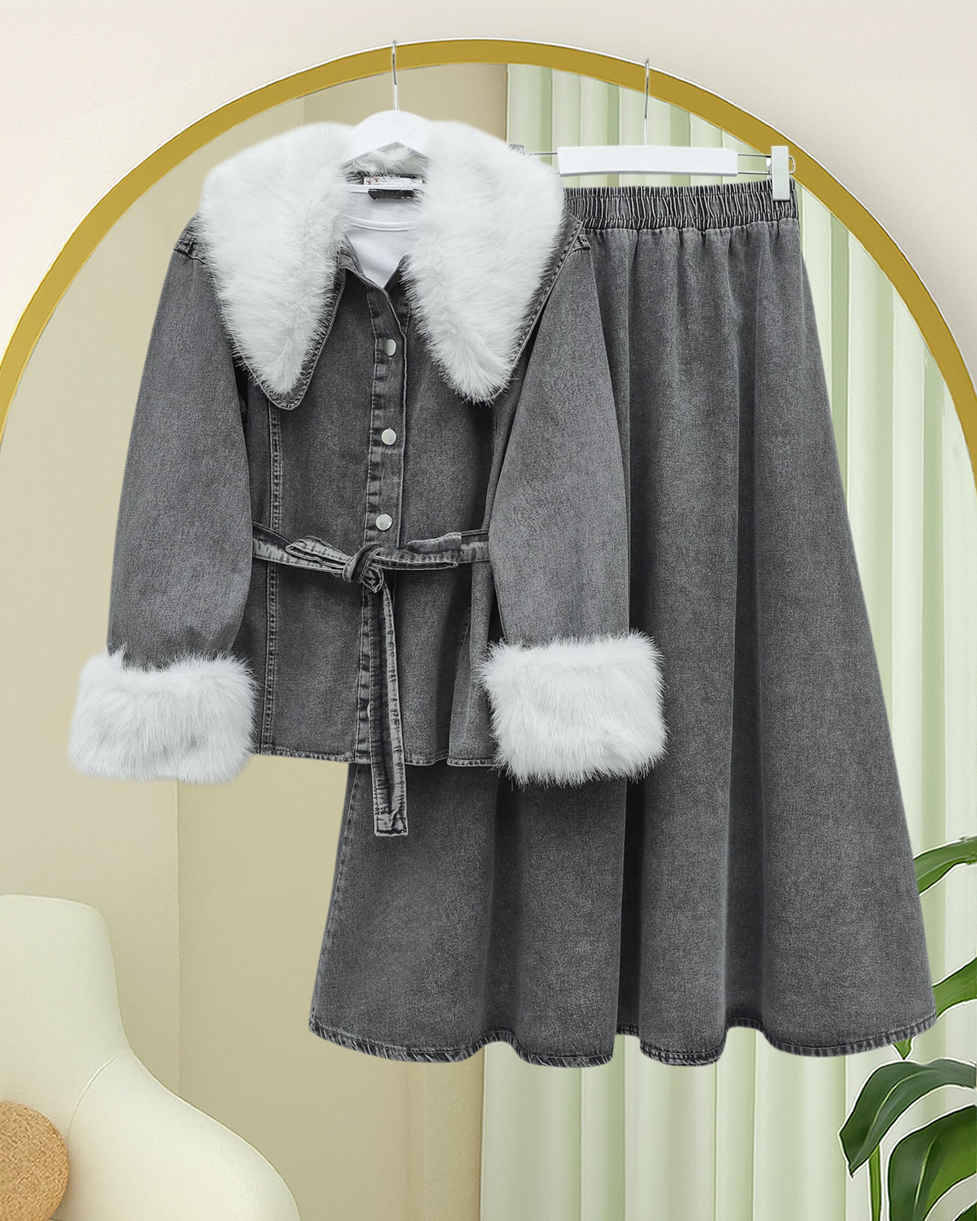 Belted Baby Collar Denim Two-Piece Set with Faux Fur Trim - Smoke Grey - Podyumplus - by Peralane - photo 4