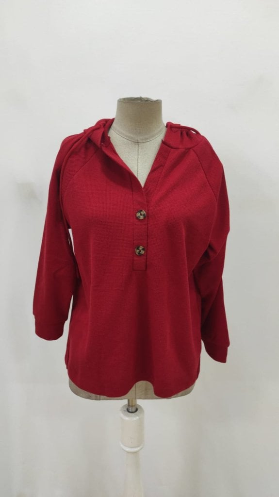 Women's Long Sleeve Hooded Waffle Blouse with Buttons and Drawstring - Janes - by Peralane - photo 5