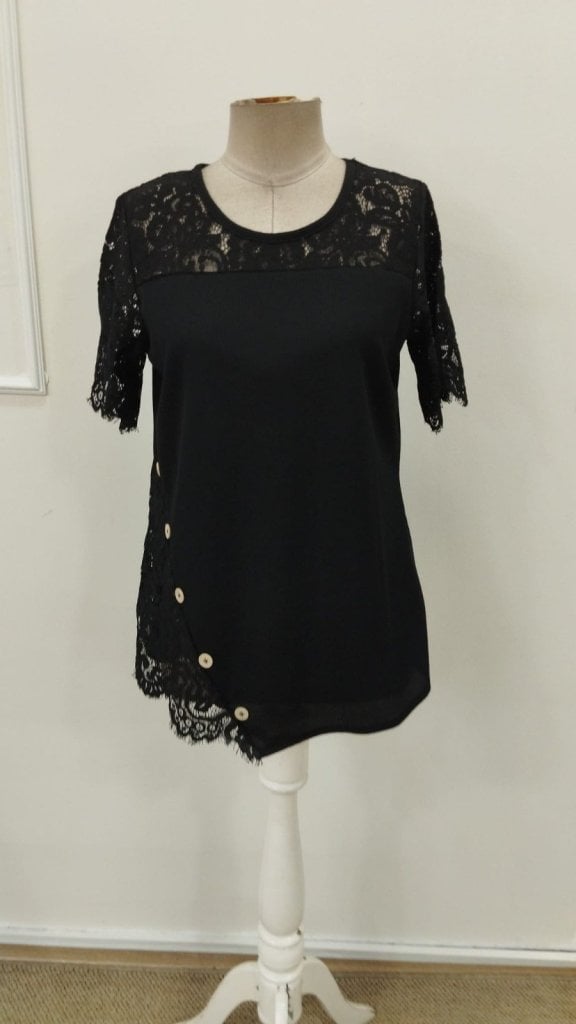 Women's Short Sleeve Lace Detail Side Button Waffle Blouse - Janes - by Peralane - photo 5
